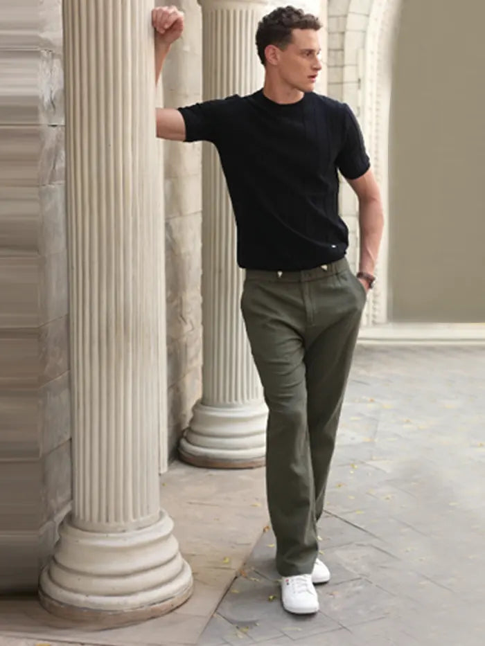 Olive Solid Cotton Loose Fit Trouser - Global Republic