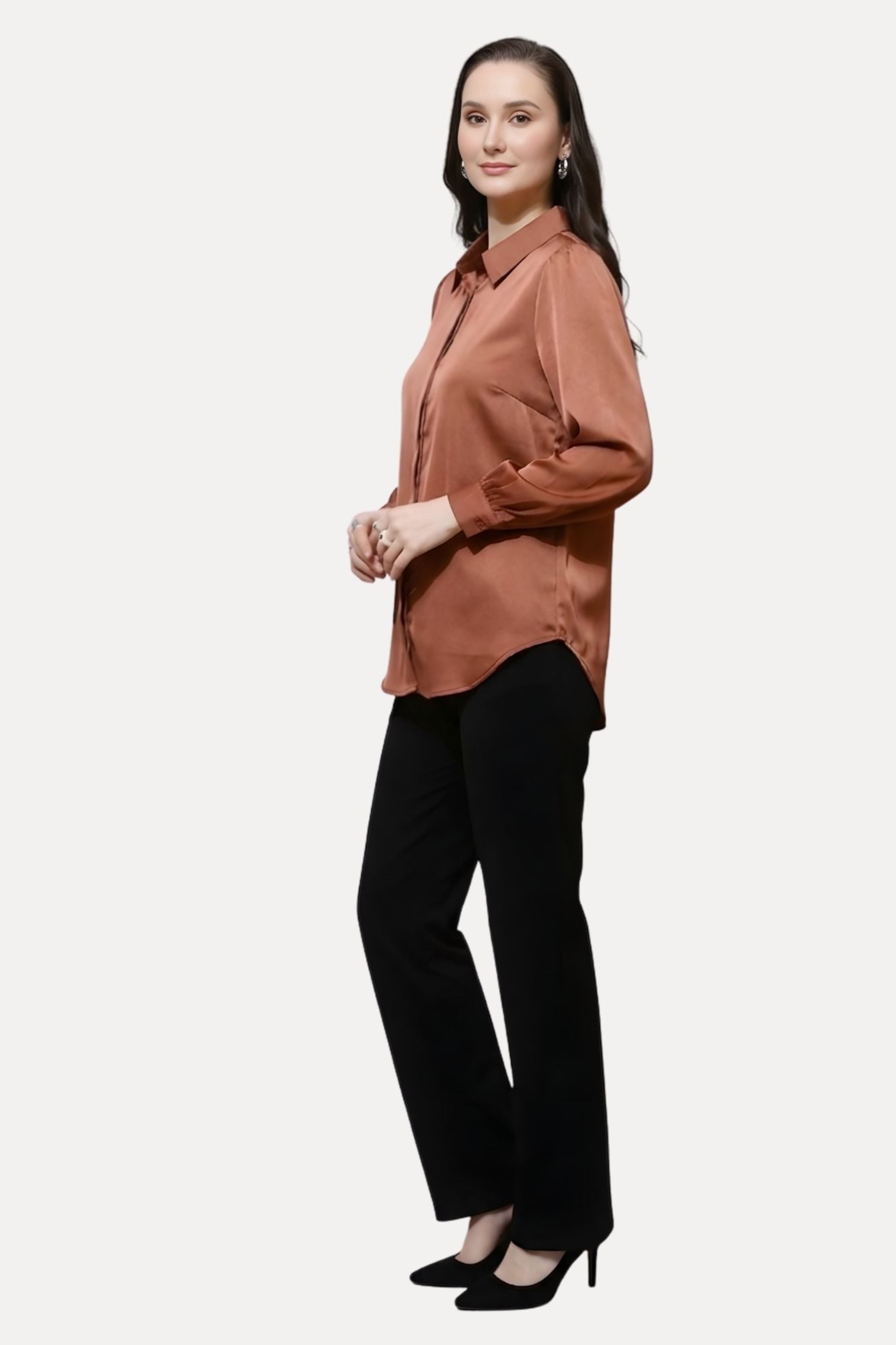 Brown Poly Satin Solid Shirt