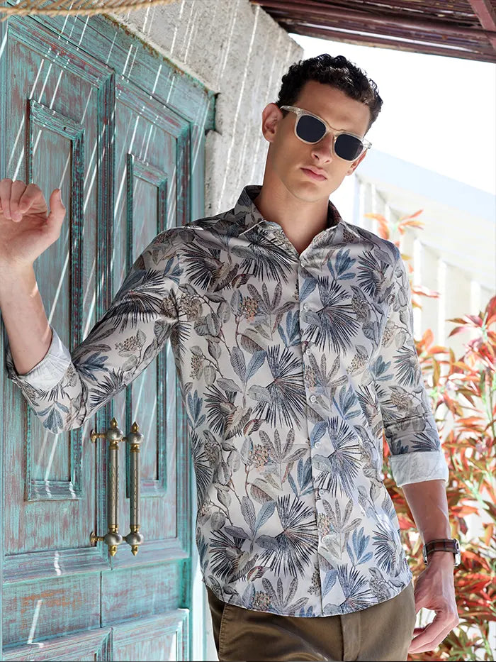 White Tropical Print Cotton Shirt - Global Republic
