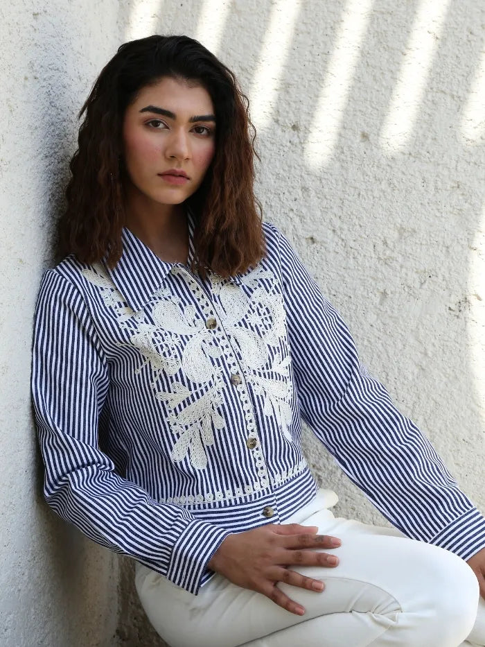 Navy Embroidered Striped Cotton Shirt - Global Republic