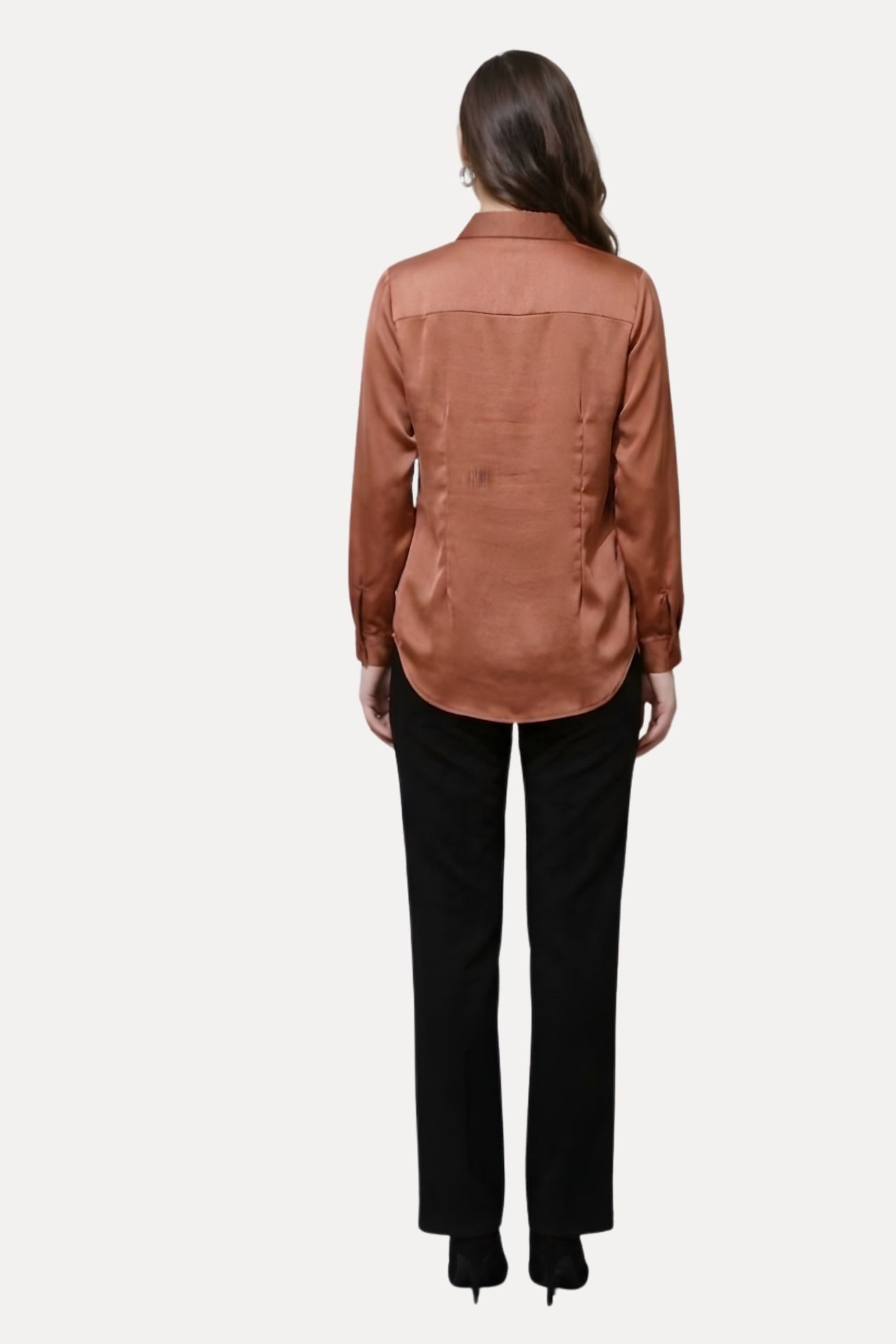 Brown Poly Satin Solid Shirt