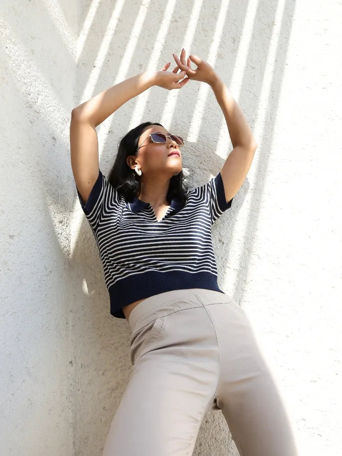 Navy Striped Viscose Boxy Top - Global Republic