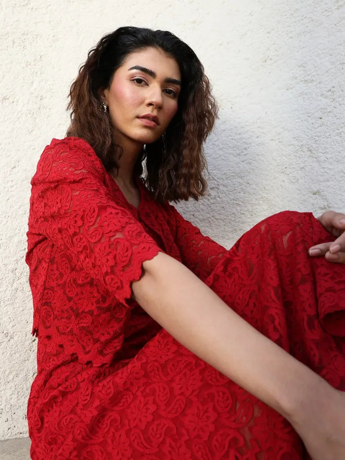 Maroon Floral Lace Fit & Flare Dress - Global Republic