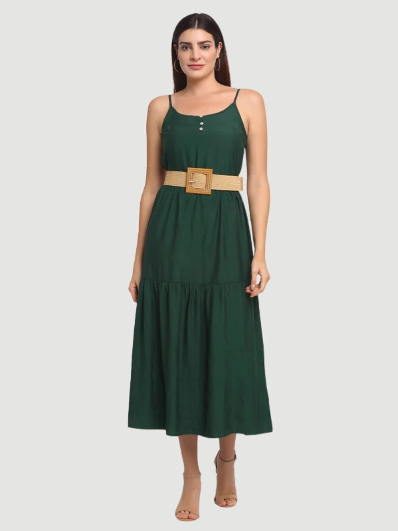 Dark Green Rayon Regular Fit Dress - Global Republic