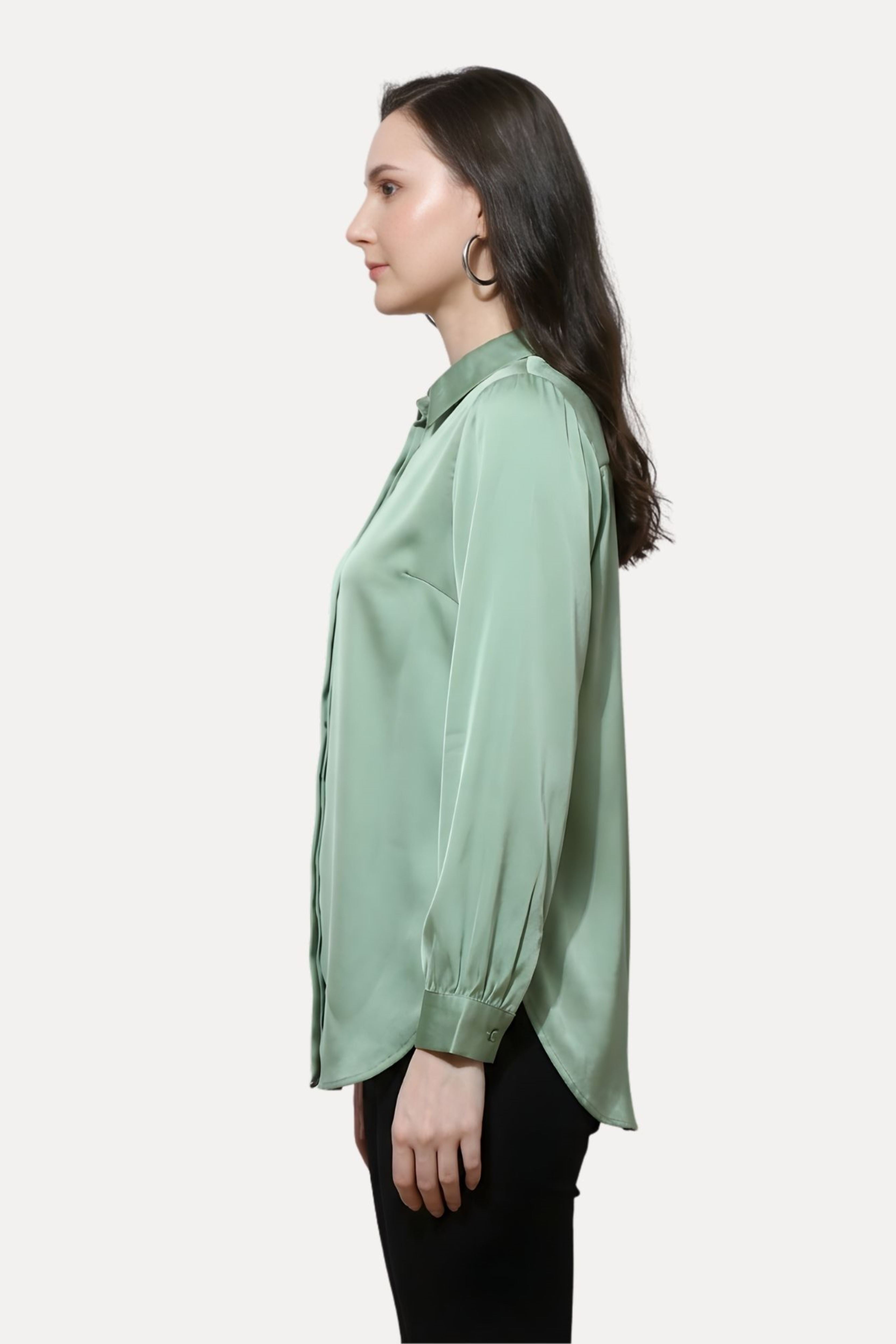 Green Poly Satin Solid Shirt