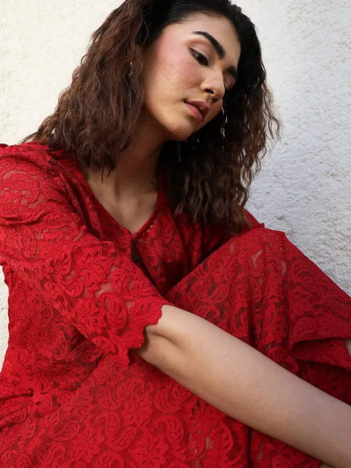 Maroon Floral Lace Fit & Flare Dress - Global Republic