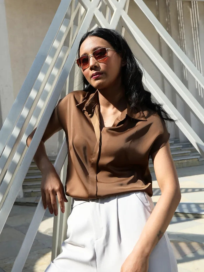 Brown Solid Satin Loose Fit Formal Shirt - Global Republic