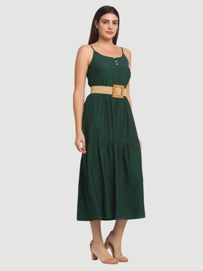Dark Green Rayon Regular Fit Dress - Global Republic