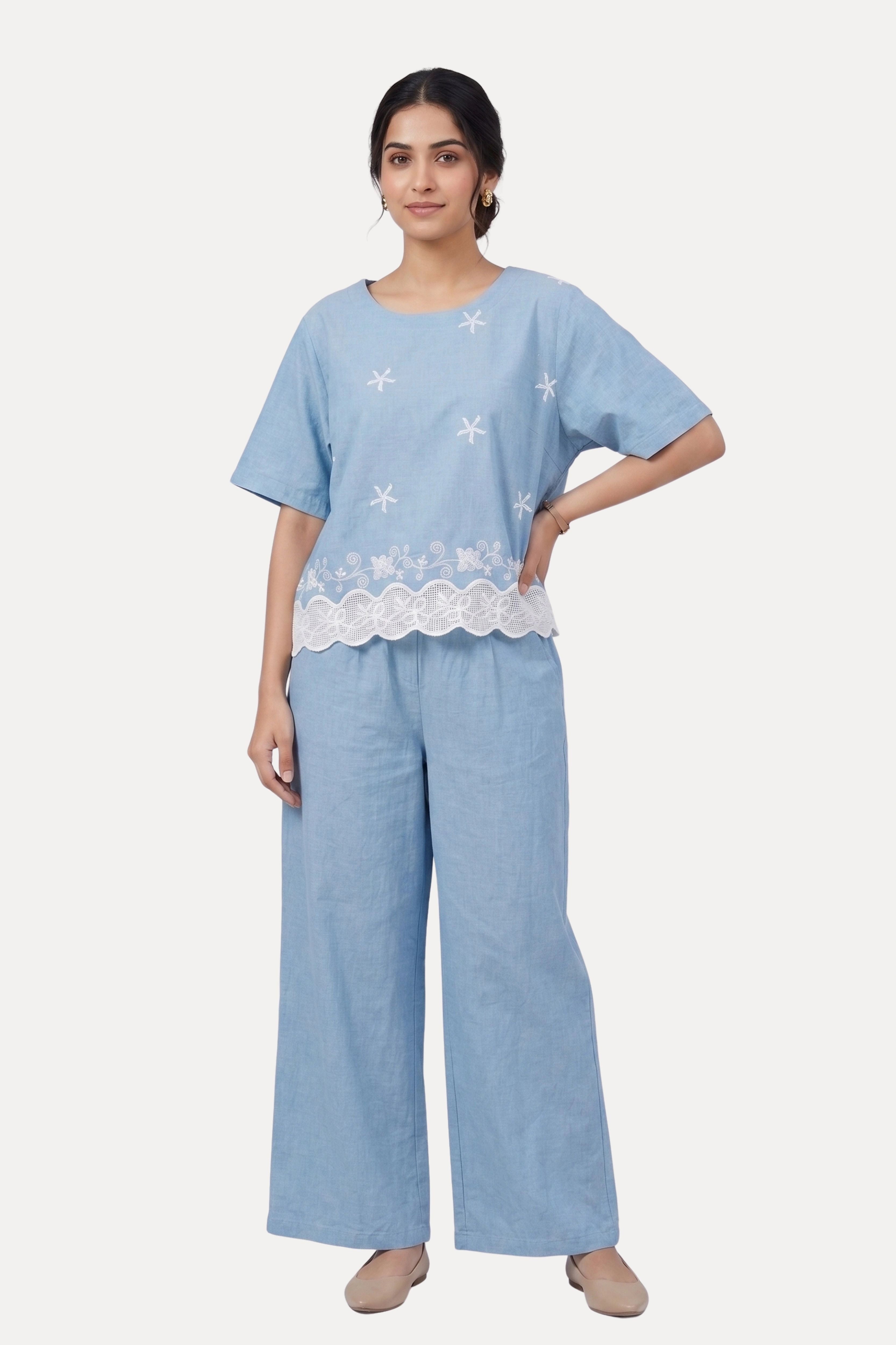 Sky Blue Embroidered Studded Co-Ord Set
