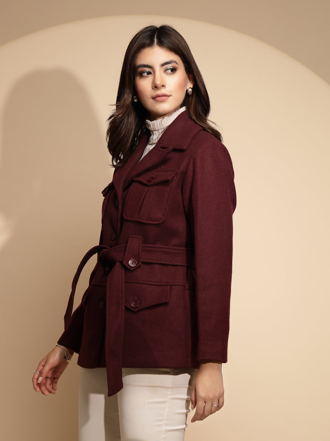 Wine Solid Knitted Wrap Coat - Global Republic