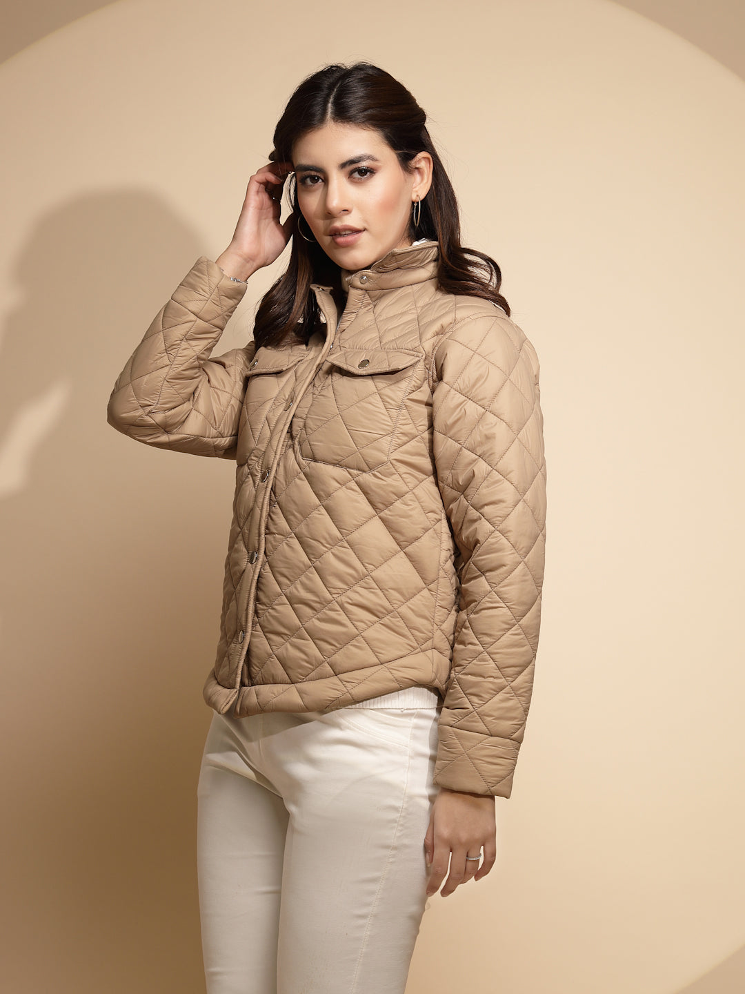 Women Beige Solid Full Sleeve Collar Neck Shacket - Global Republic