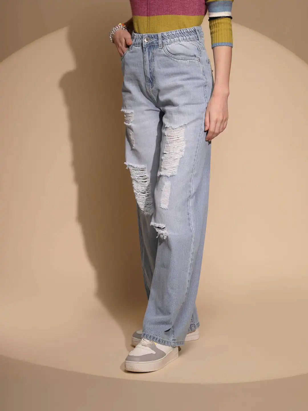 Blue Denim Mid Rise Distressed Jeans - Global Republic