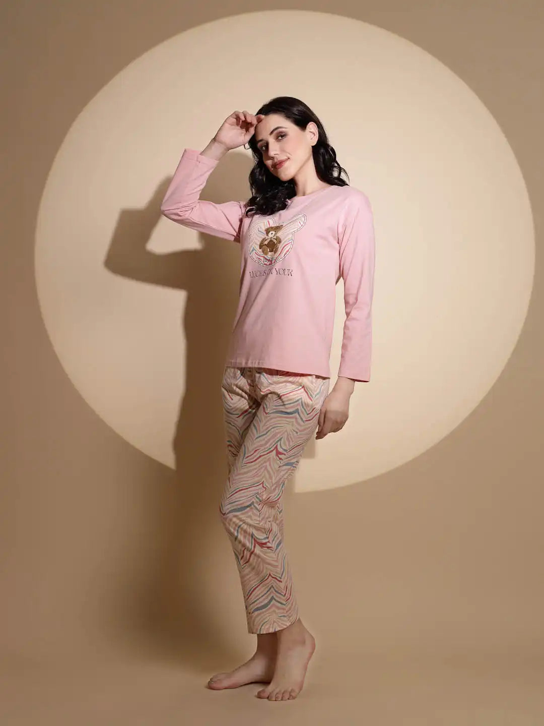 Pink Hosiery Round Neck Printed Top & Pyjama Night Suit Set - Global Republic
