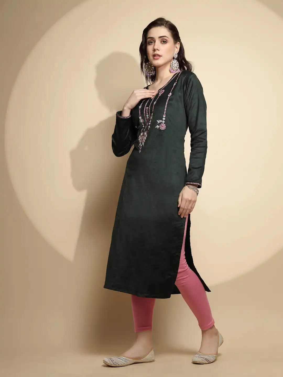 Olive Embellished Cotton Kurta - Global Republic