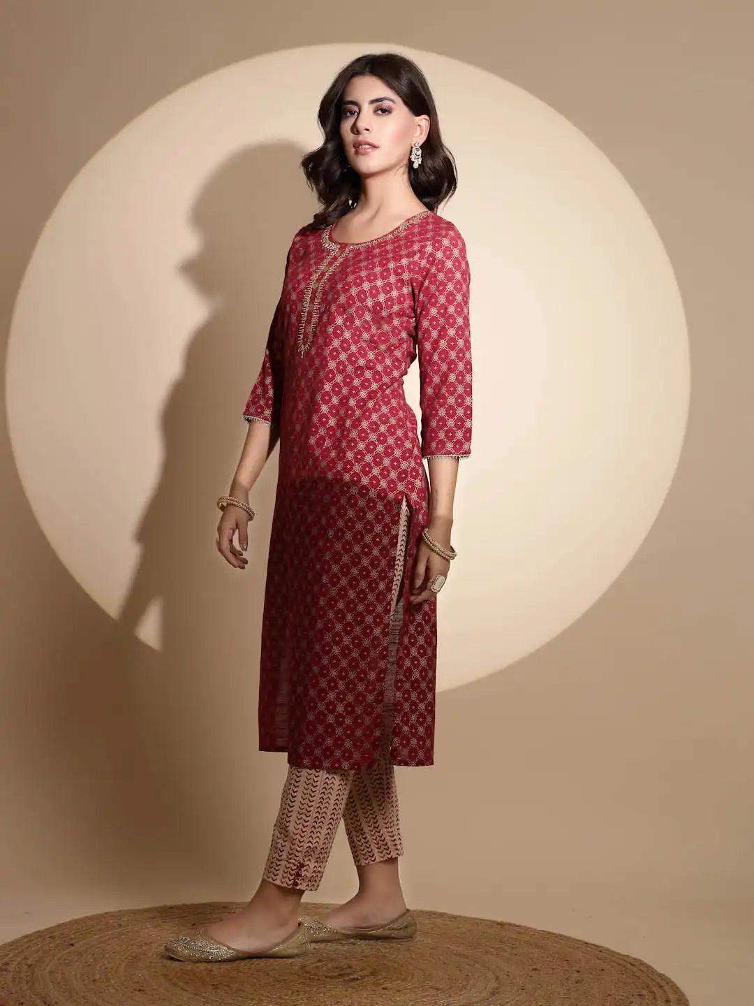 Maroon Embroidered Cotton Kurta Set - Global Republic
