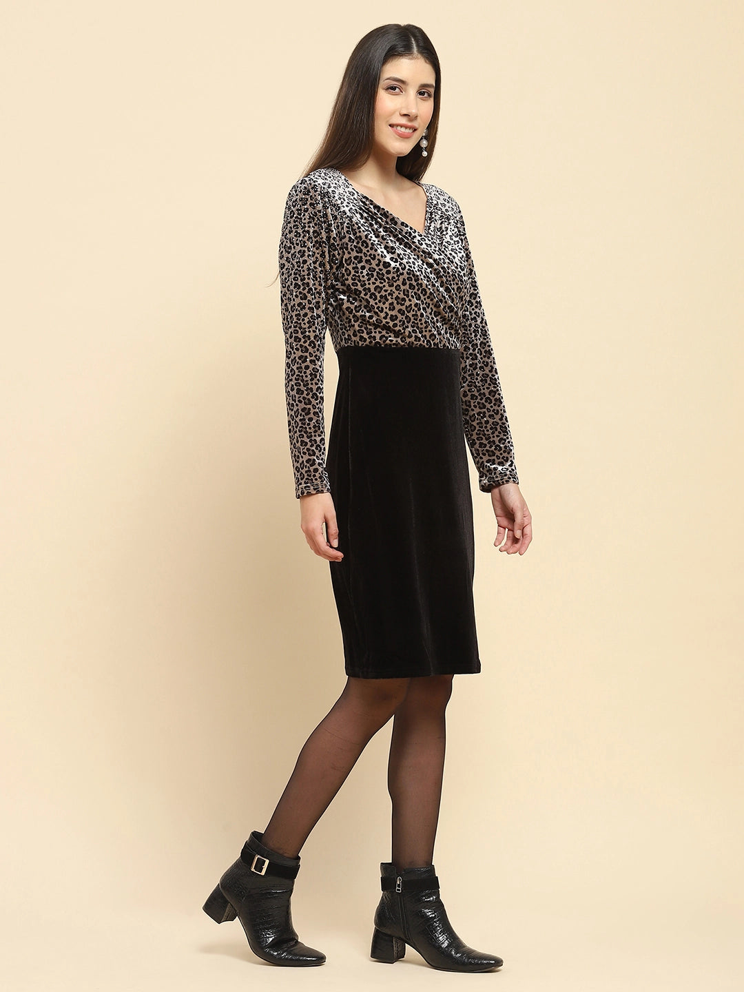 Grey Velvet Leopard Print Slim Fit Dress - Global Republic
