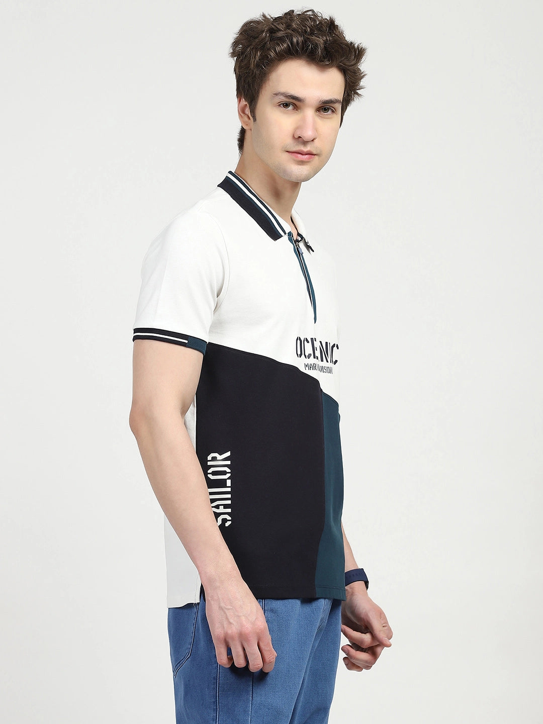 Blue Color Block Cotton Polo T-shirt - Global Republic