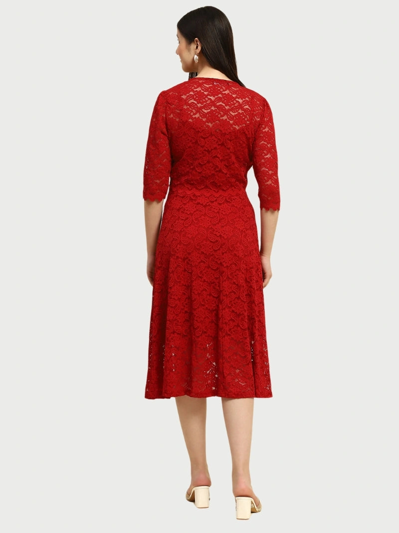 Maroon Floral Lace Fit & Flare Dress - Global Republic