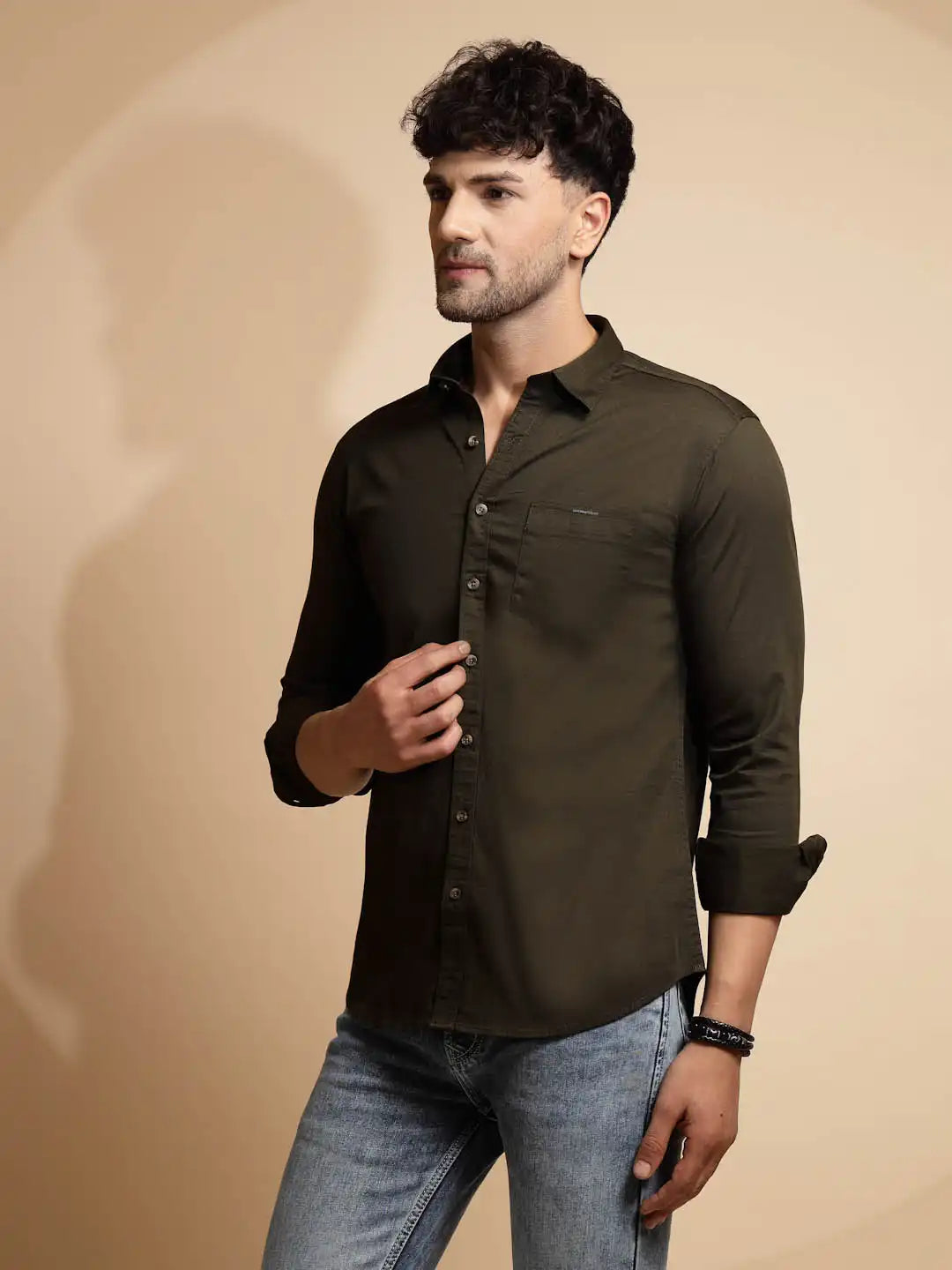 Olive Solid Full Sleeve Collared Neck Cotton Blend Shirt - Global Republic