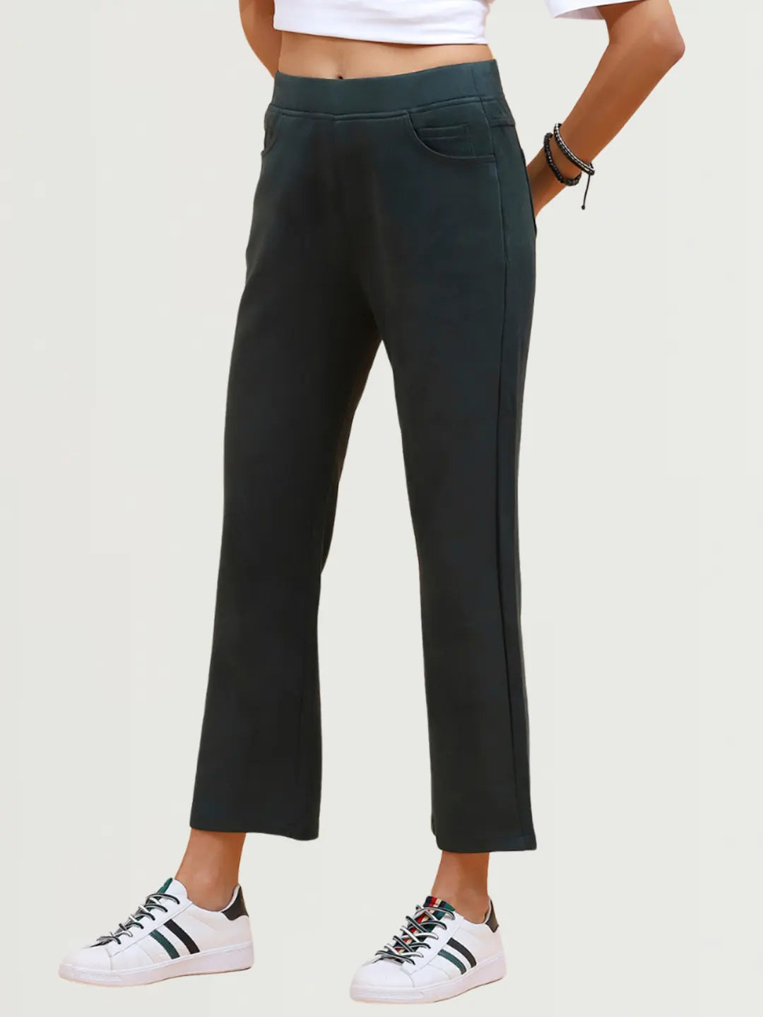 Green Solid Straight Fit Suede Jegging - Global Republic