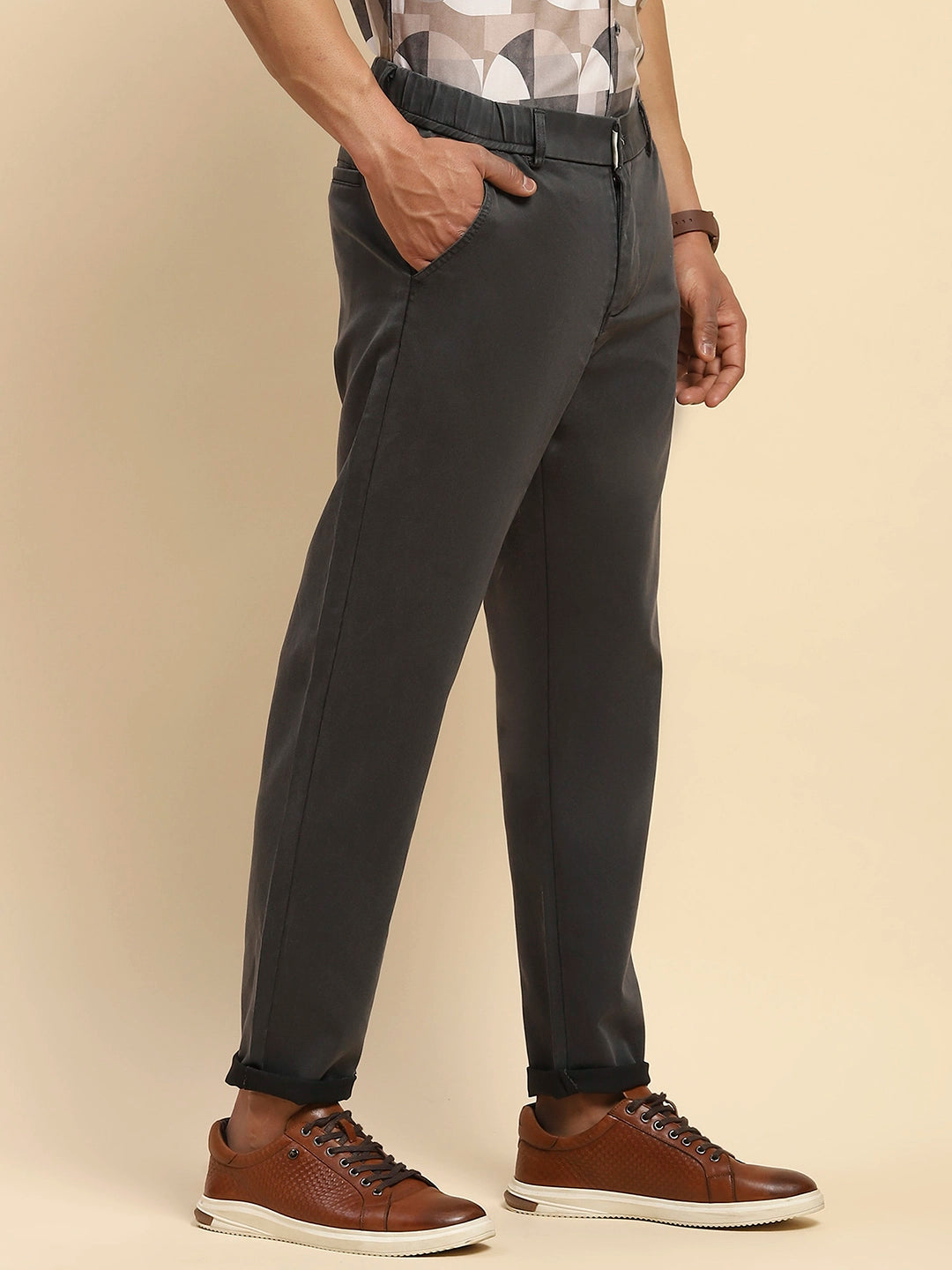 Grey Cotton Blend Slim Trouser - Global Republic