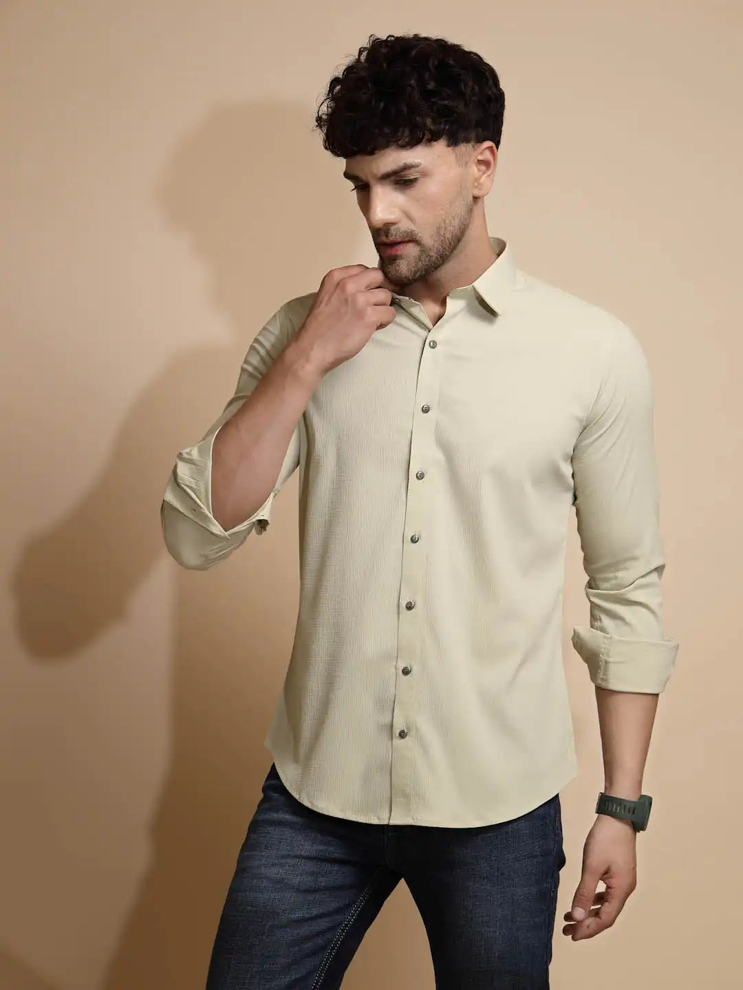 Off White Solid Full Sleeve Collared Neck Shirt - Global Republic