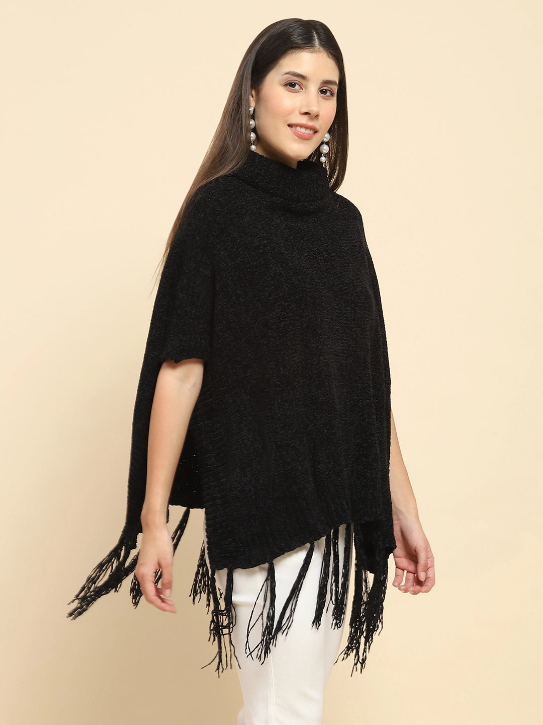 Black Wool Blend Loose Poncho - Global Republic