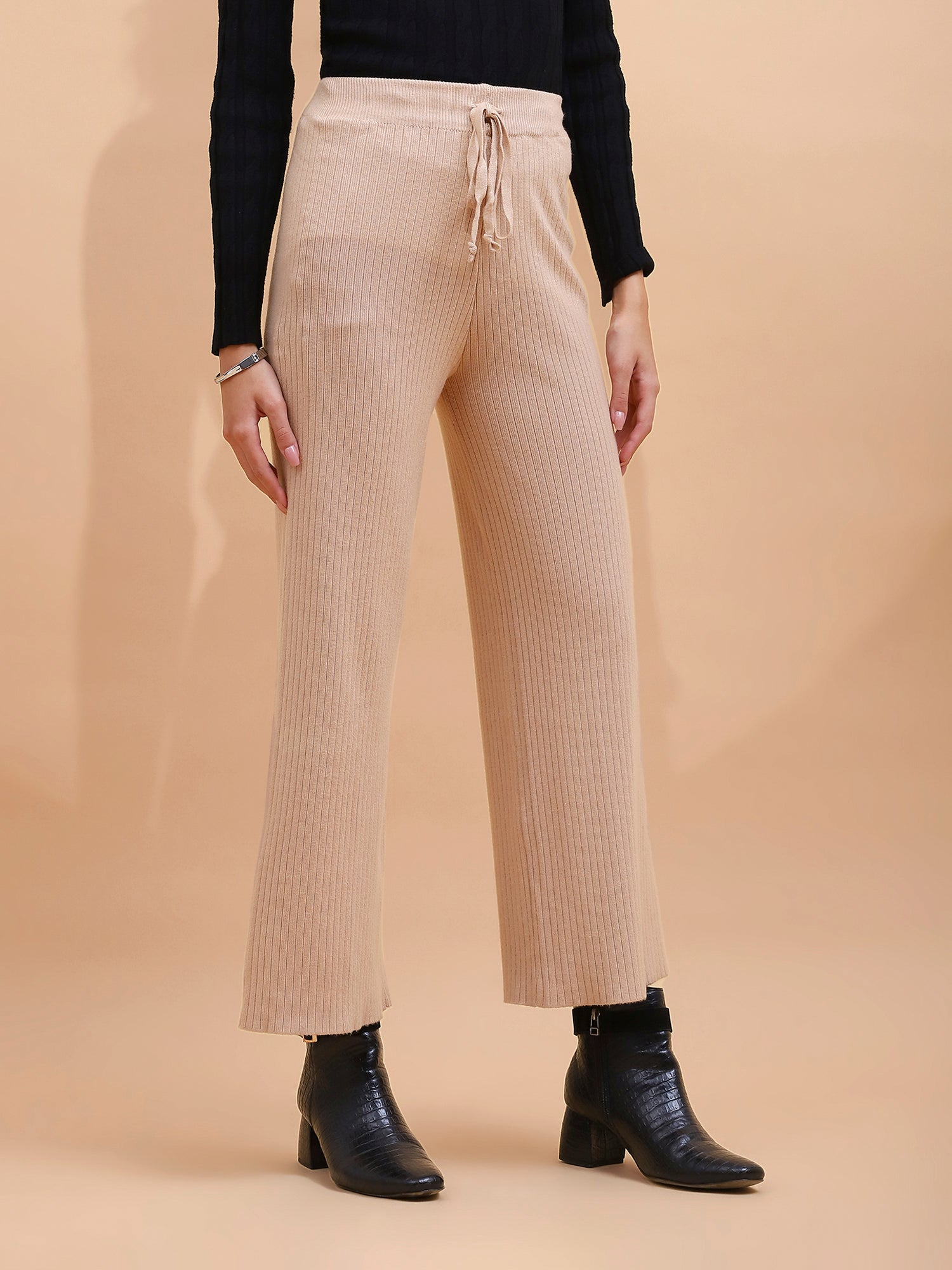 Beige Viscose Blend Solid Lower - Global Republic