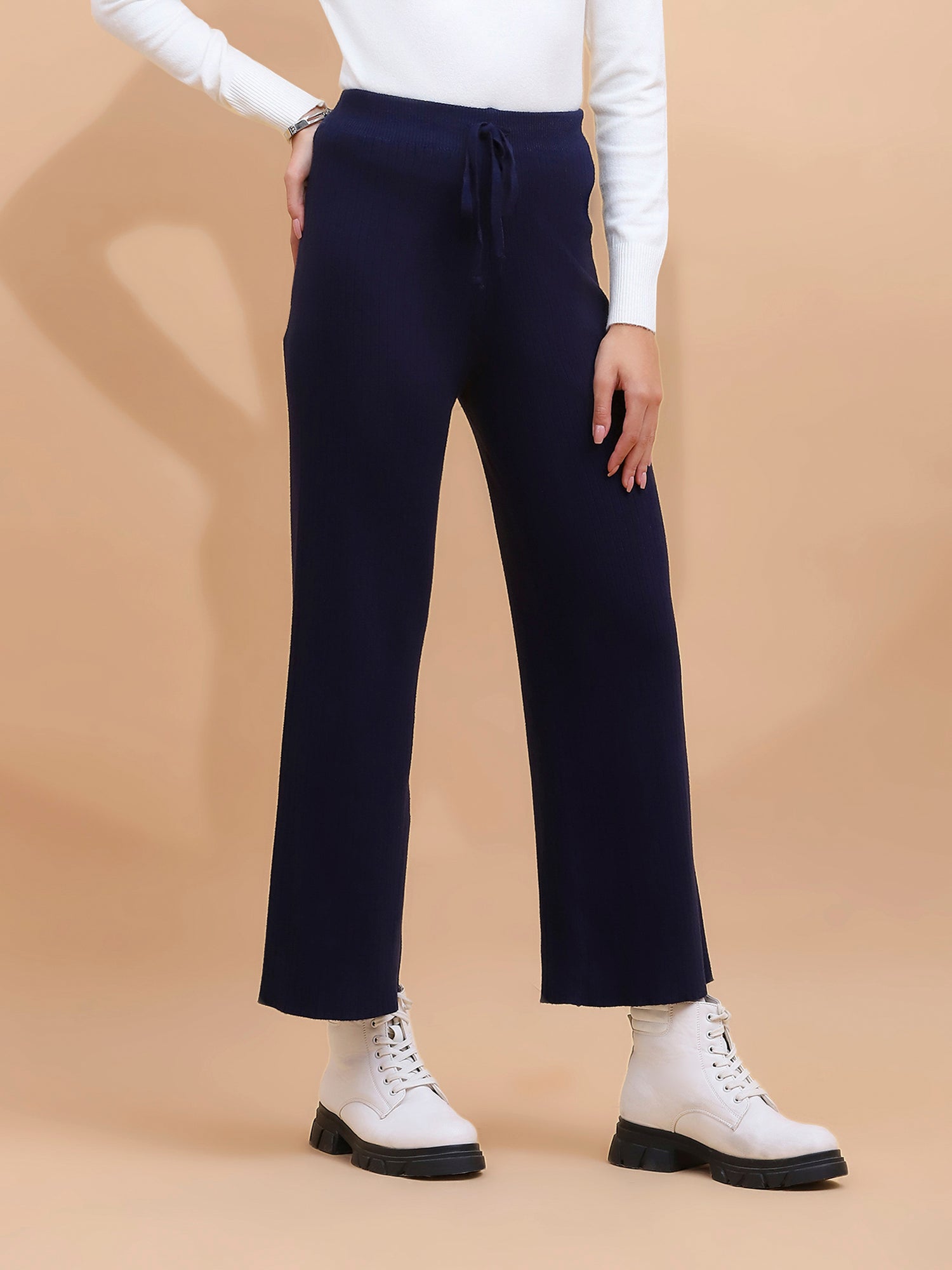 Navy Blue Viscose Blend Solid Lower - Global Republic