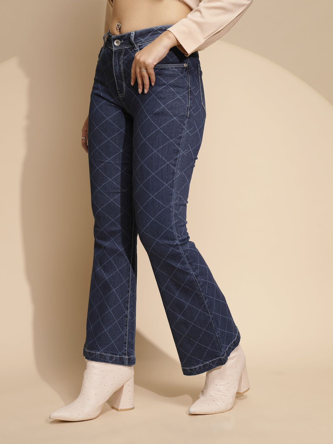 Blue Checkered Bootcut Jeans - Global Republic