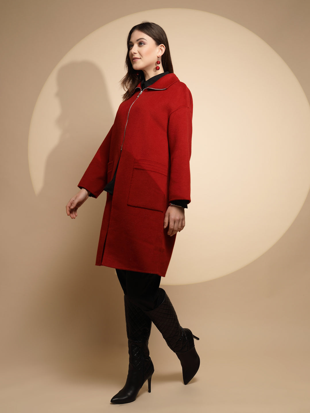Women Red Solid Collared Neck Full Sleeve Woolen Long Coat - Global Republic