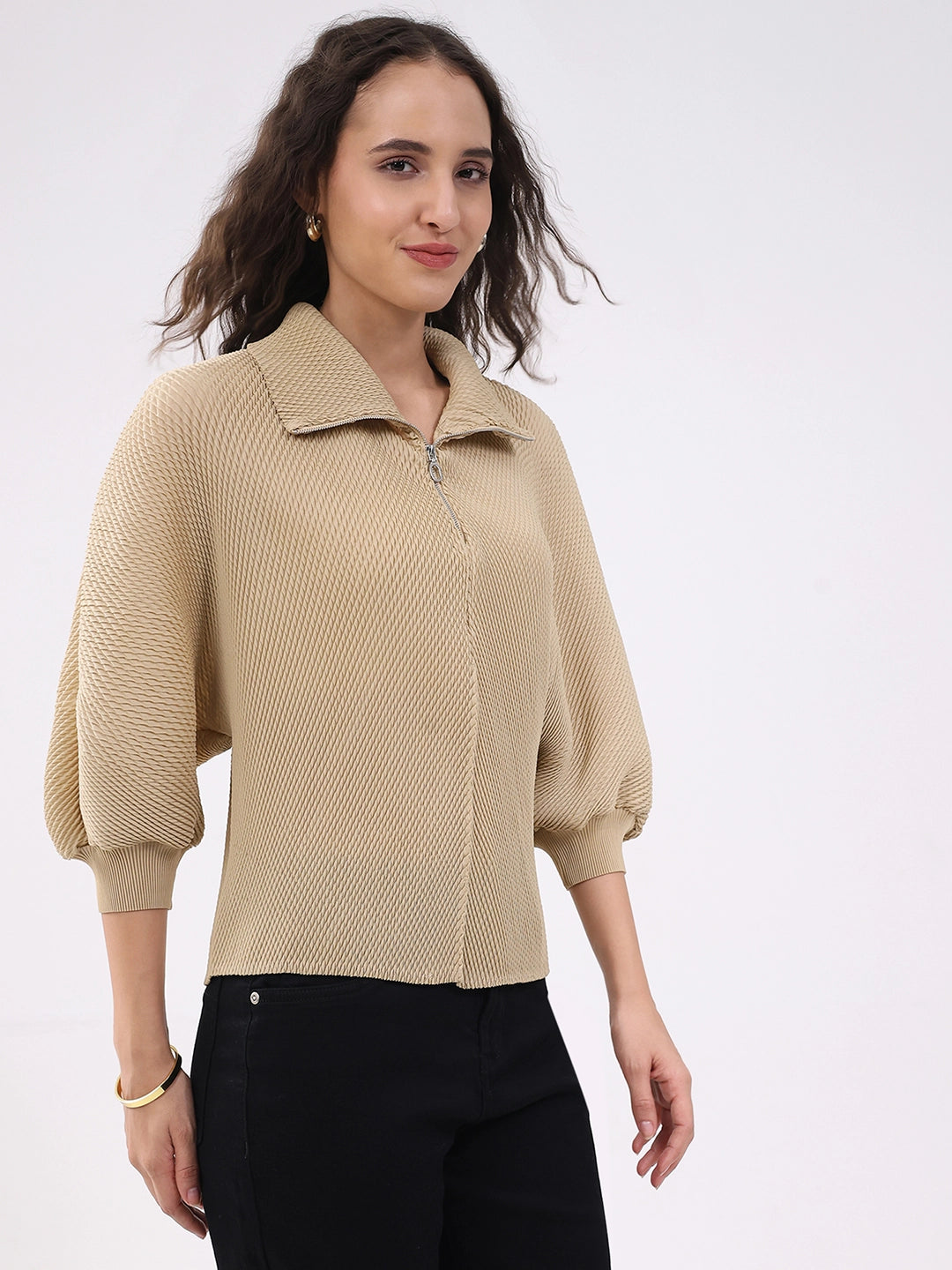 Beige Solid Pleated Blouson Top - Global Republic