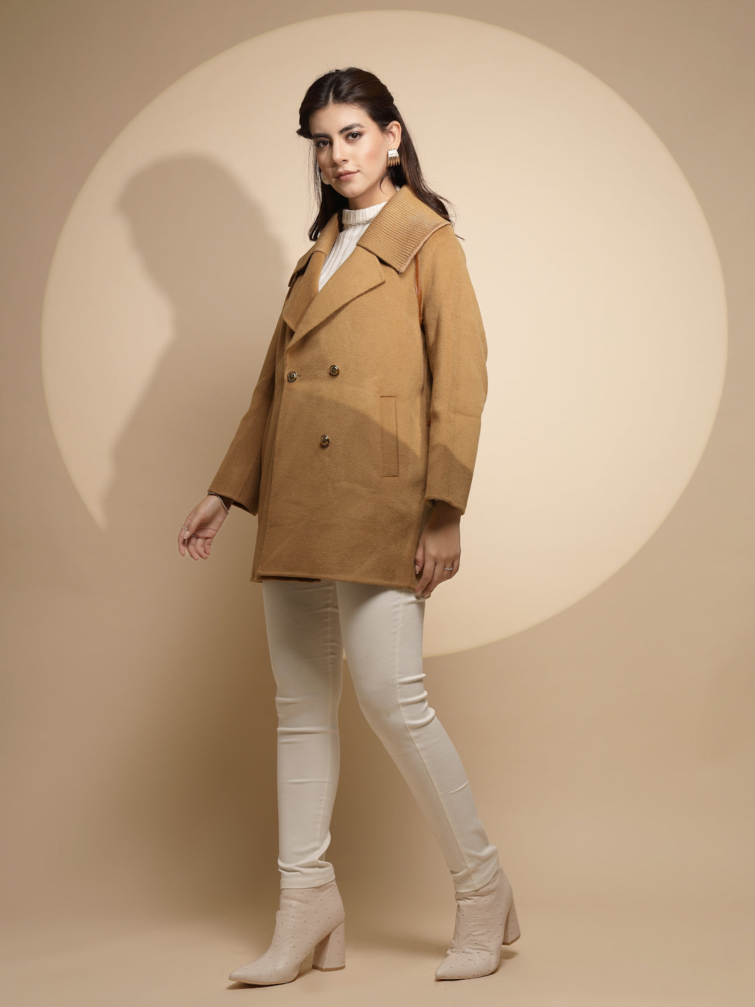 Brown Solid Collared Neck Wool Coat - Global Republic