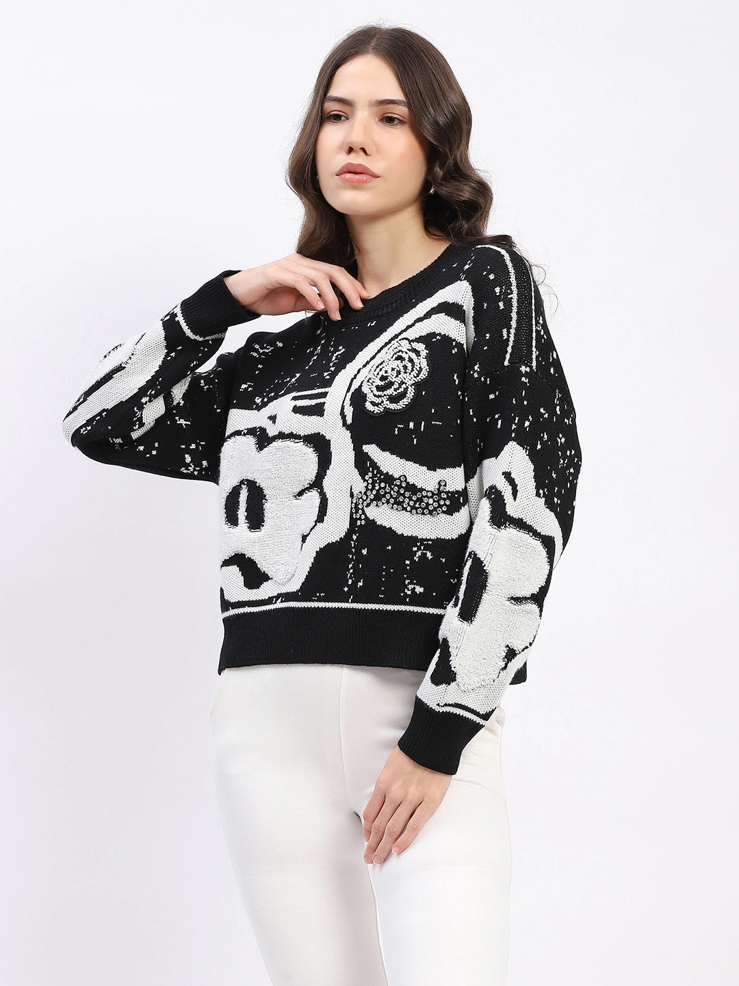 Monochrome Embellished Wool-Blend Pullover - Global Republic