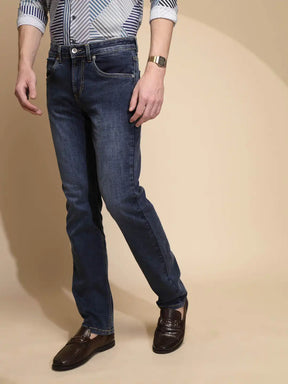 Blue Solid Mid Rise Straight Denim Jeans