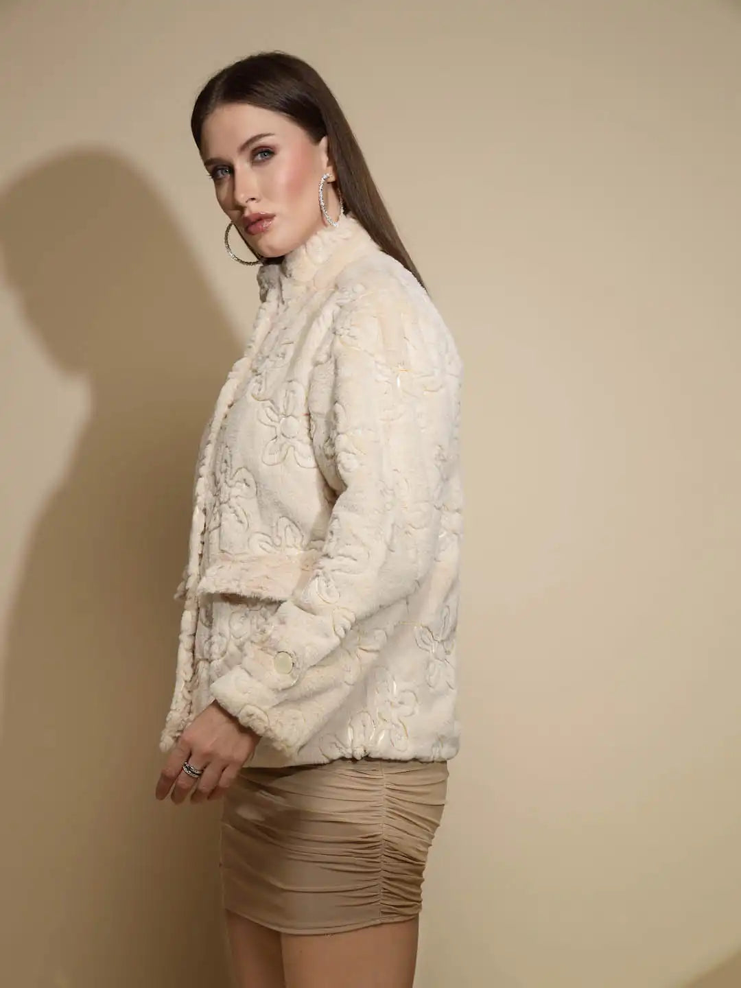 Beige Embossed Woollen Jacket - Global Republic