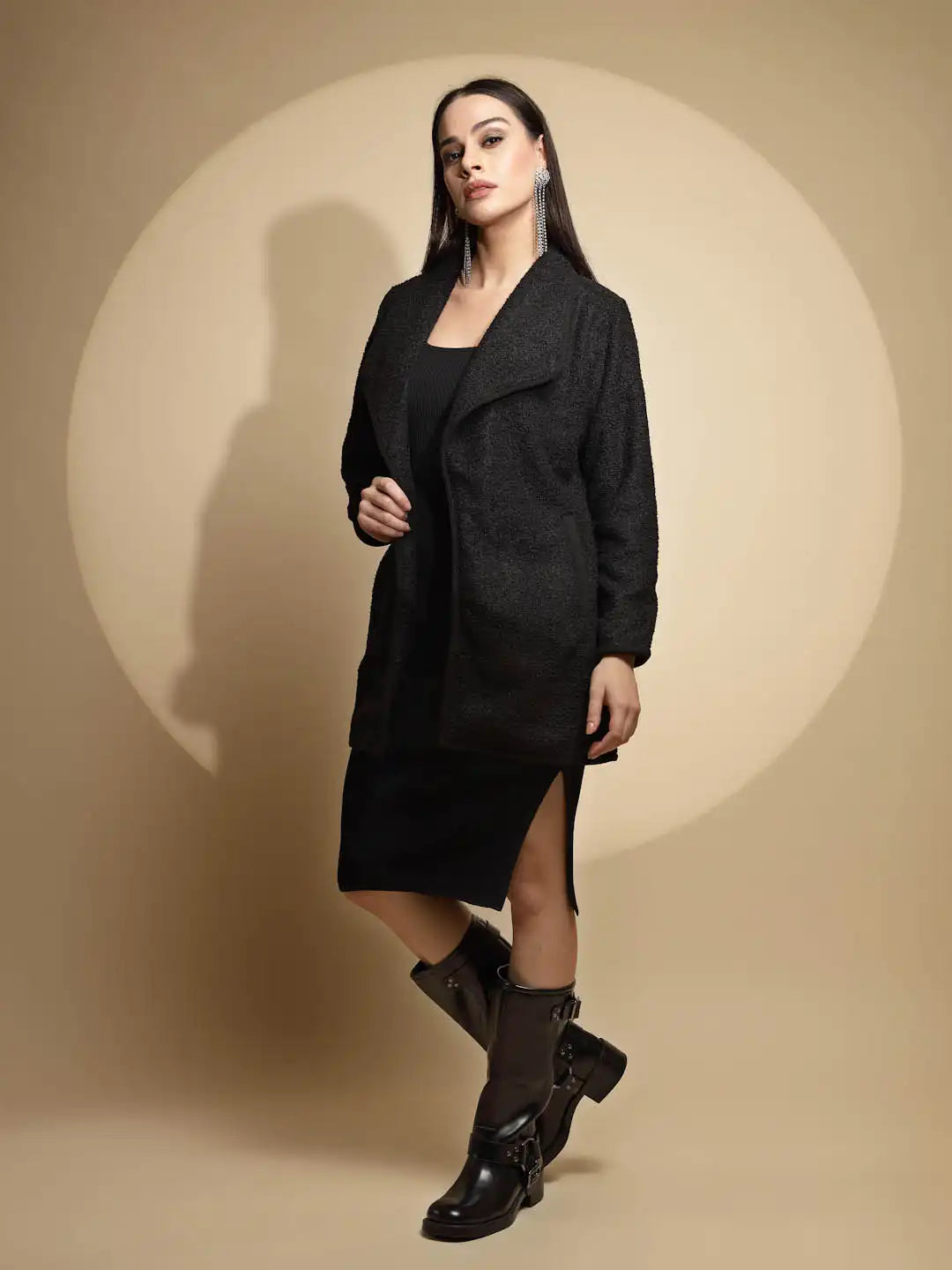 Black Solid Full Sleeve Collar Neck Knitted Winter Shrug - Global Republic