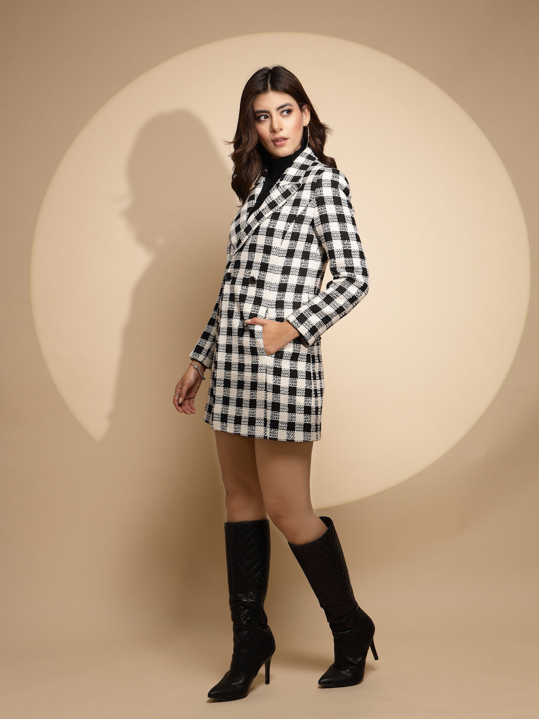 Women Black & White Checkered Collared Neck Full Sleeve Woolen Coat - Global Republic