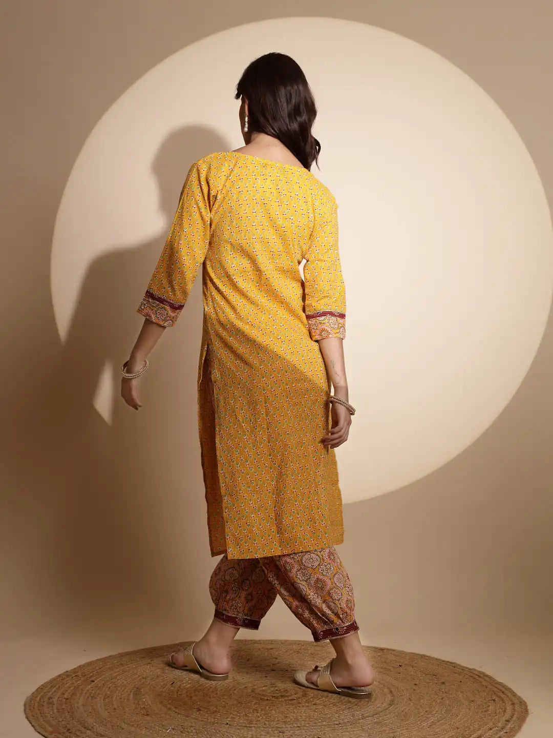 Yellow Embellished Three Fourth Sleeve V Neck Cotton Kurta Set - Global Republic
