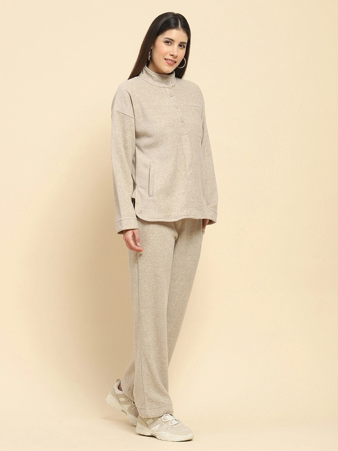 Beige Solid Relaxed Winter Nightsuit - Global Republic