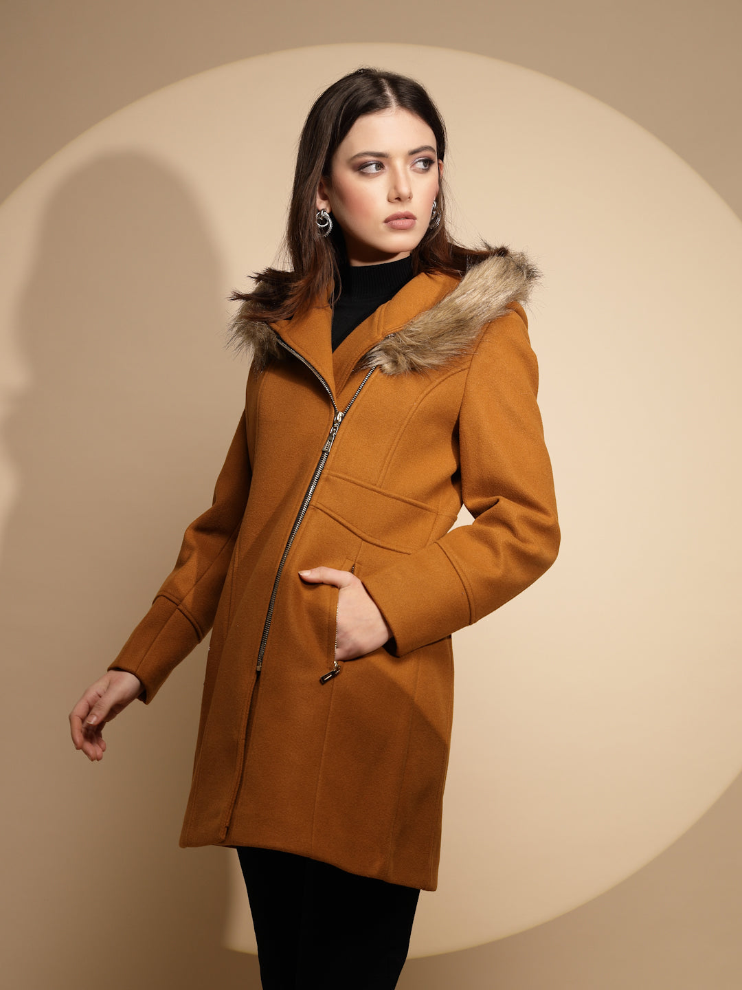 Women Mustard Solid Full Sleeve Knitted Fur Hooded Neck Coat - Global Republic