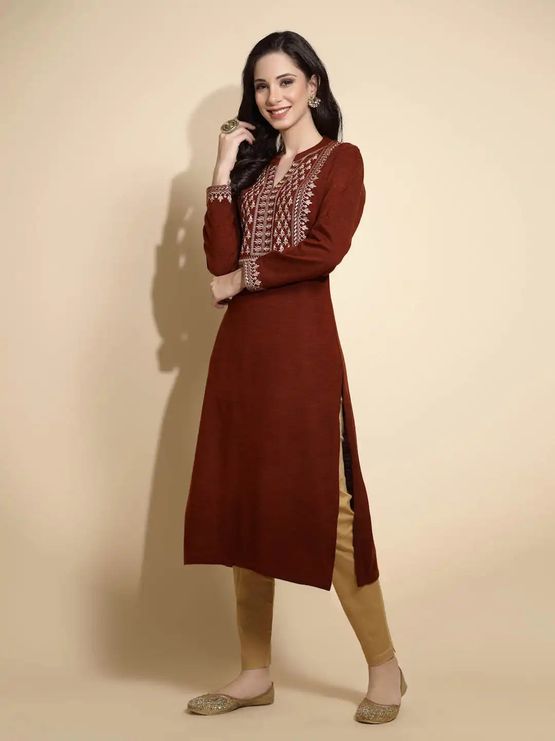 Rust Embroidered Full Sleeve Collared With V-Neck Woolen Kurta - Global Republic