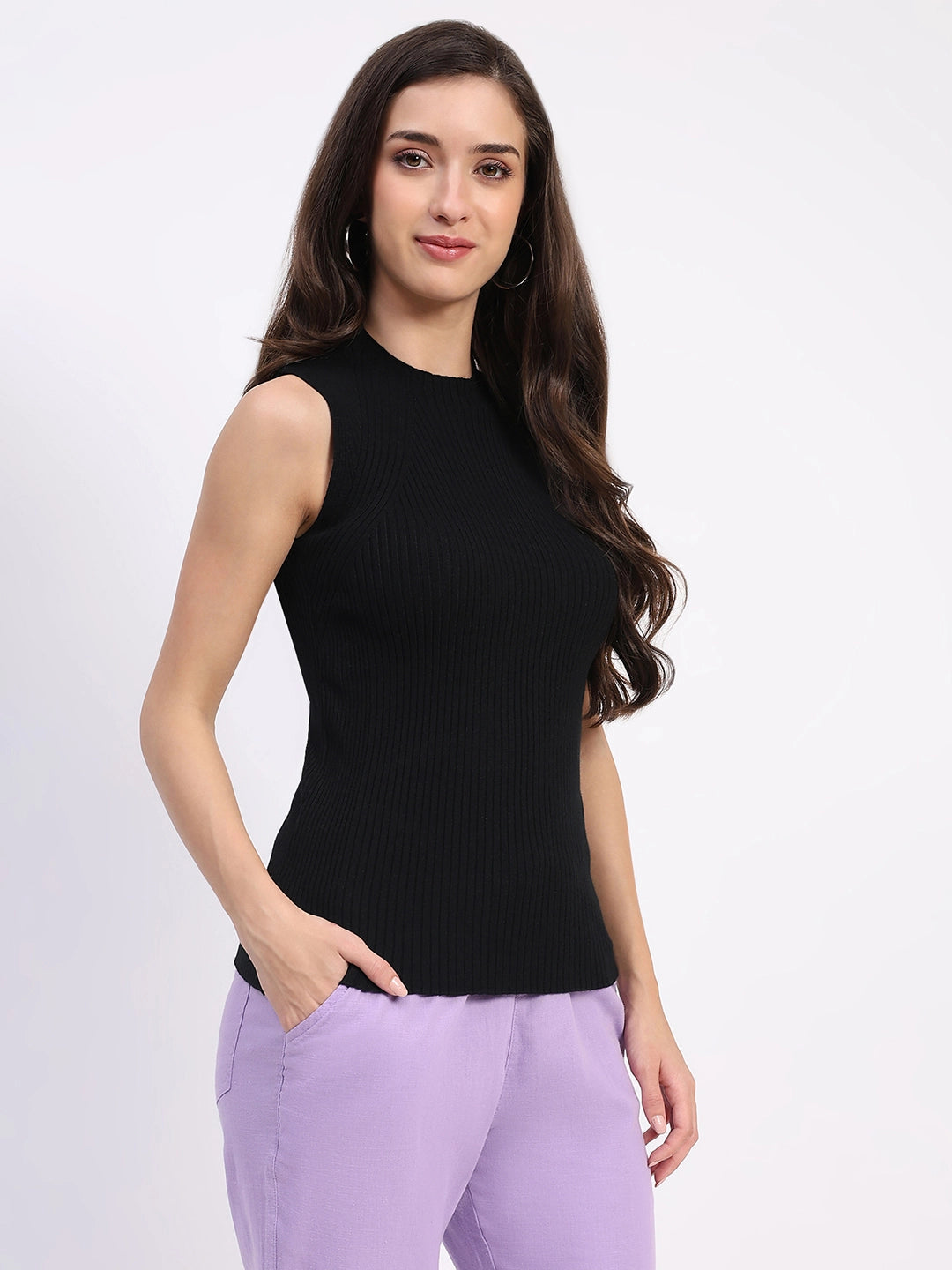 Black Stretchable Knit Skivvy Top - Global Republic