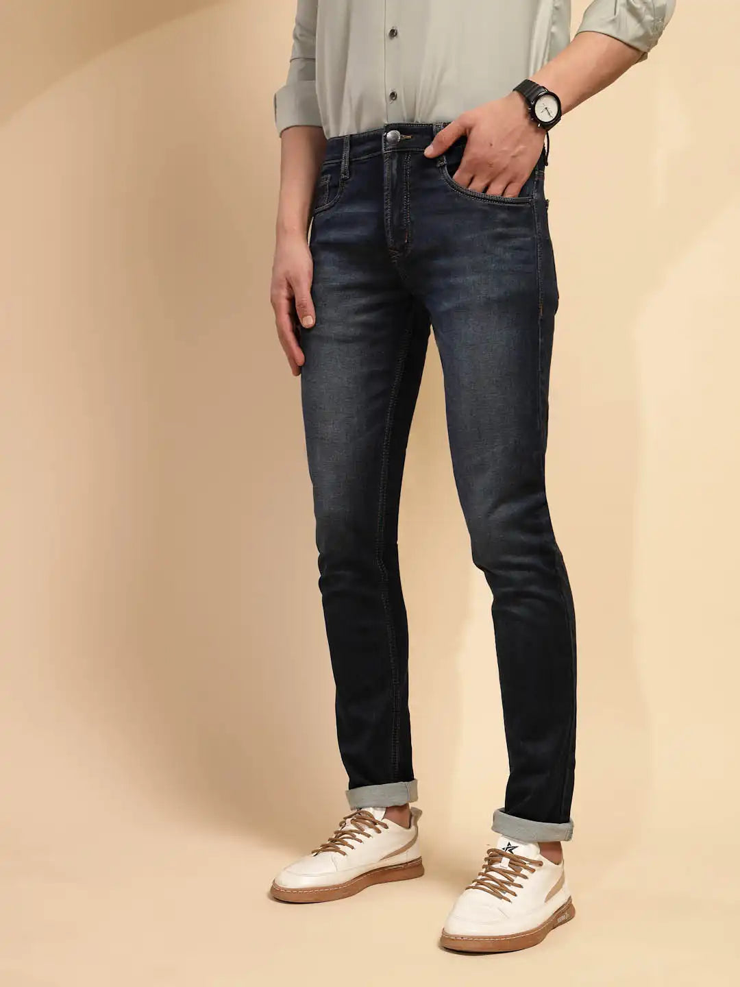 Tint Blue Solid Mid Rise Denim Cuffing Jeans - Global Republic
