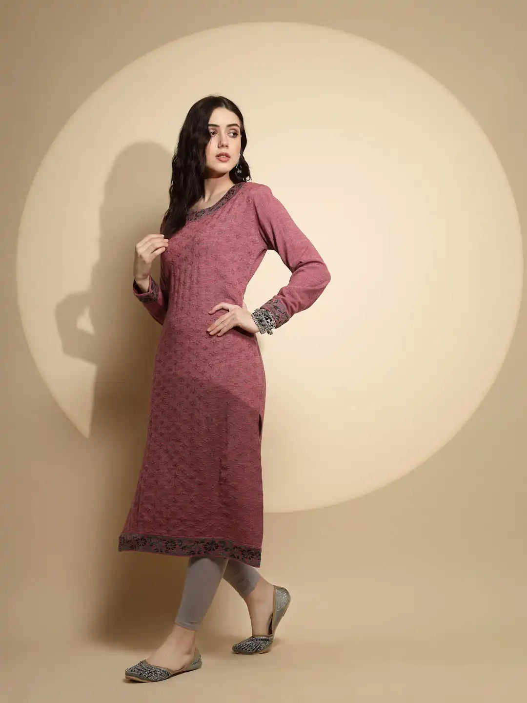 Pink Embellished Full Sleeve Crew Neck Woolen Kurta - Global Republic