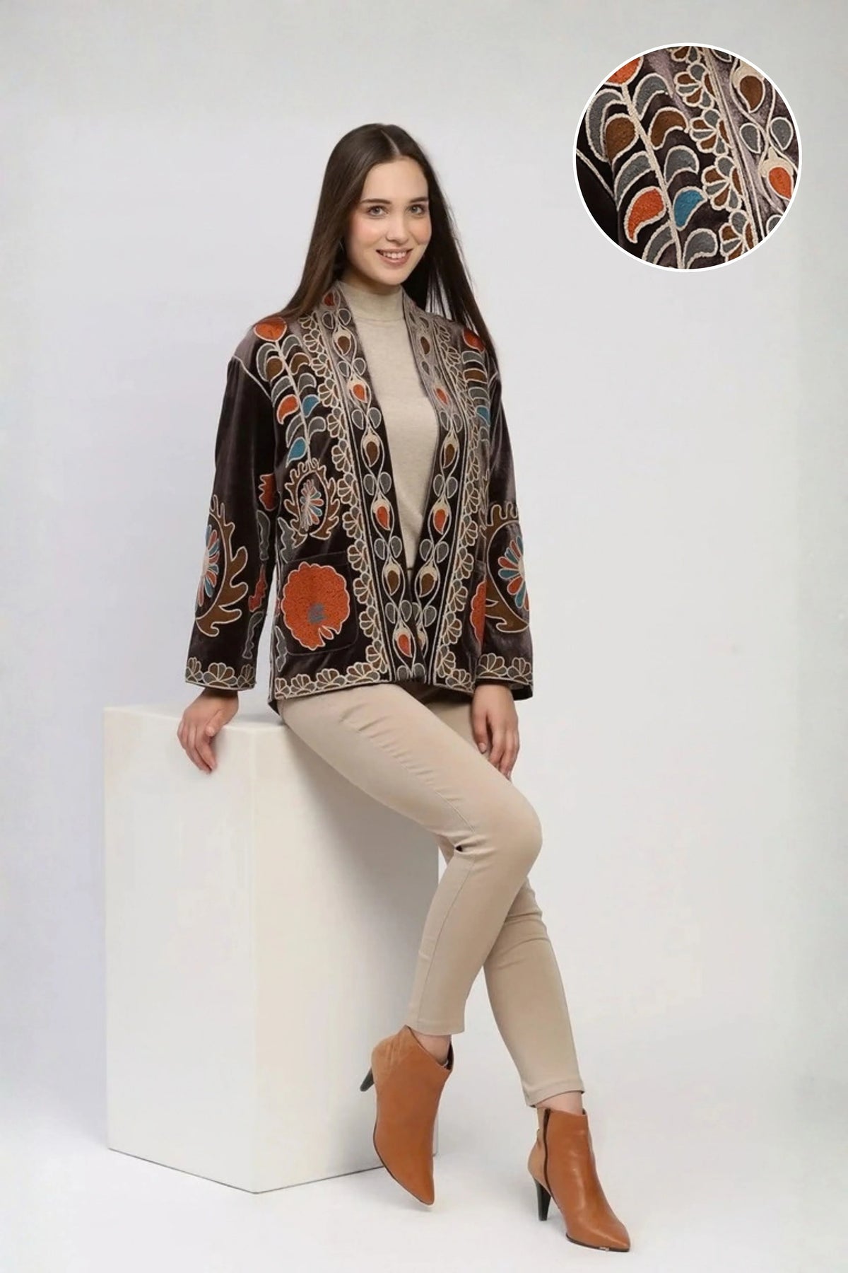 Brown Embroidered Winter Jacket