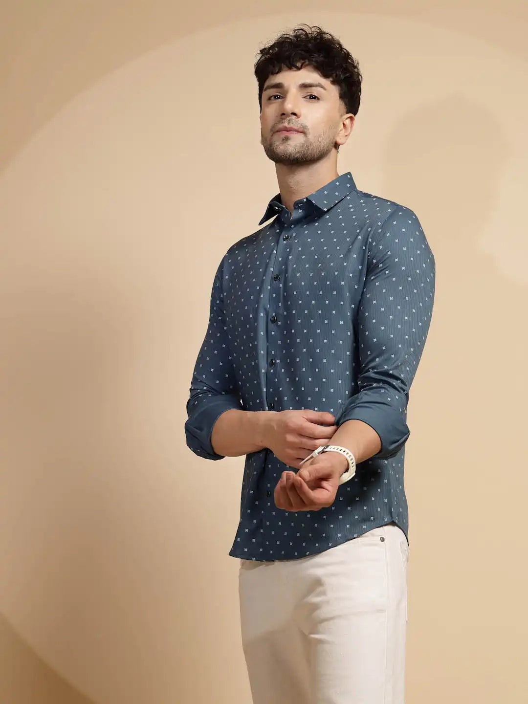 Blue Printed Full Sleeve Collared Neck Shirt - Global Republic