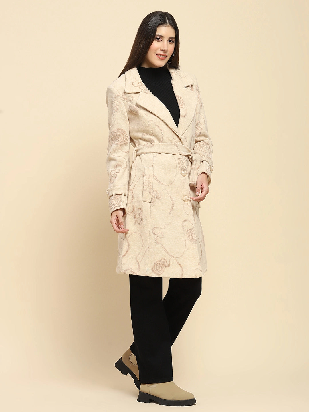 Beige Self Design Long Winter Coat - Global Republic