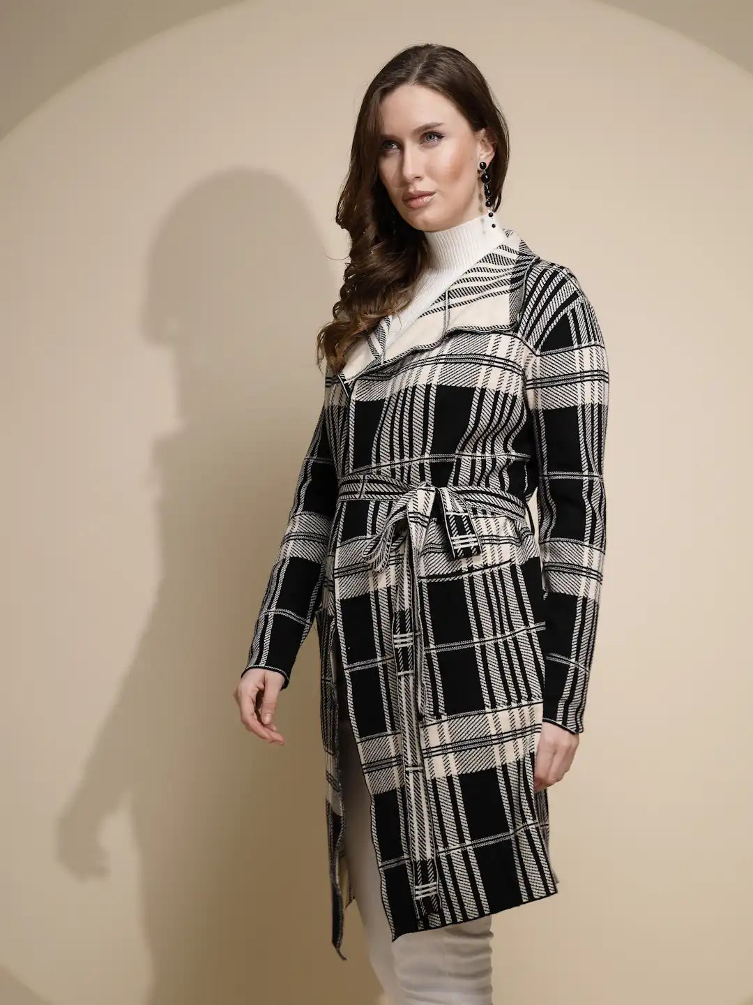 Women Beige Check Full Sleeve Collar Neck Knitted Winter Wrap Coat with Belt - Global Republic