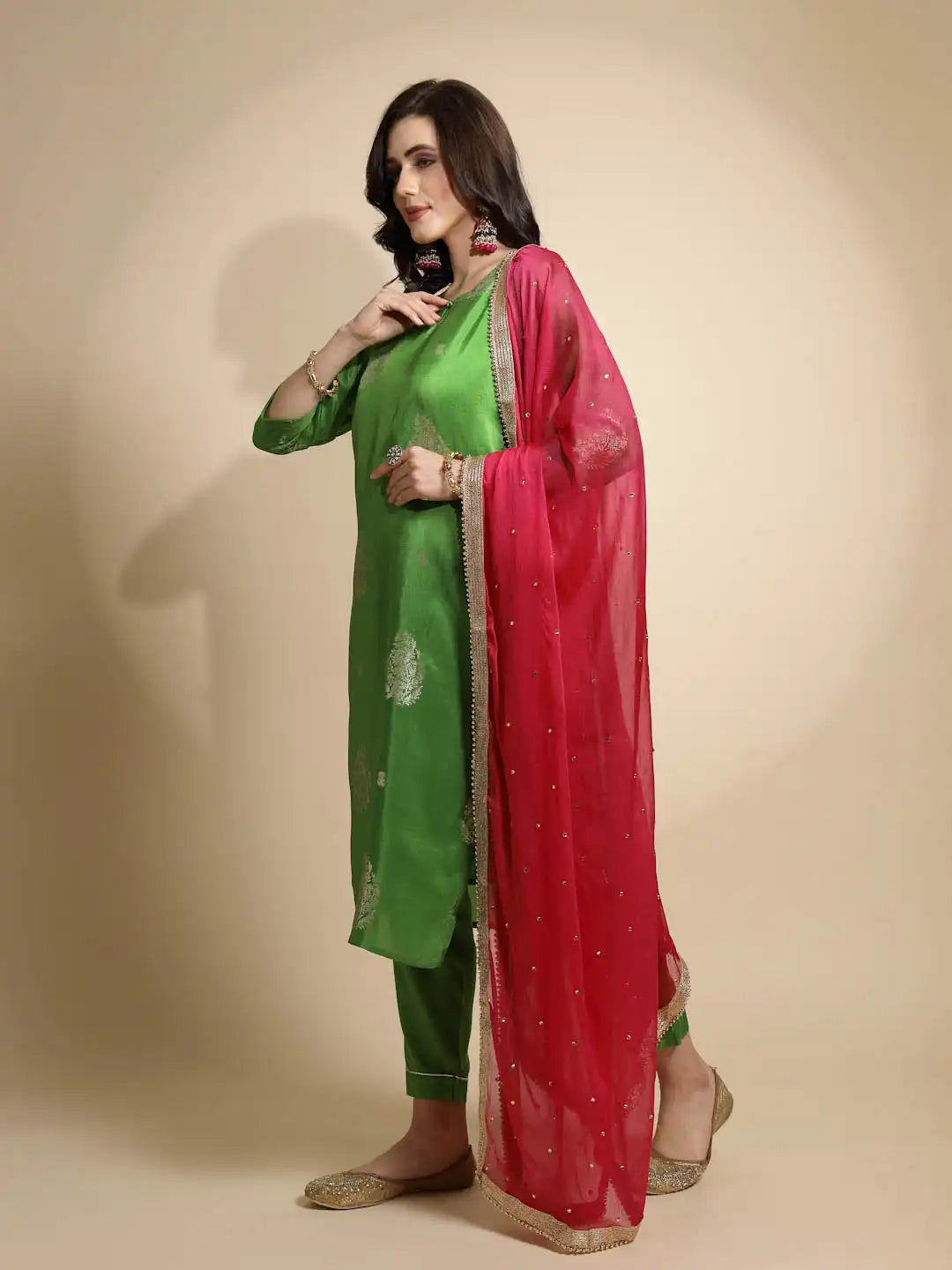 Green Foil Printed Silk Kurta Bottom Set With Dupatta - Global Republic